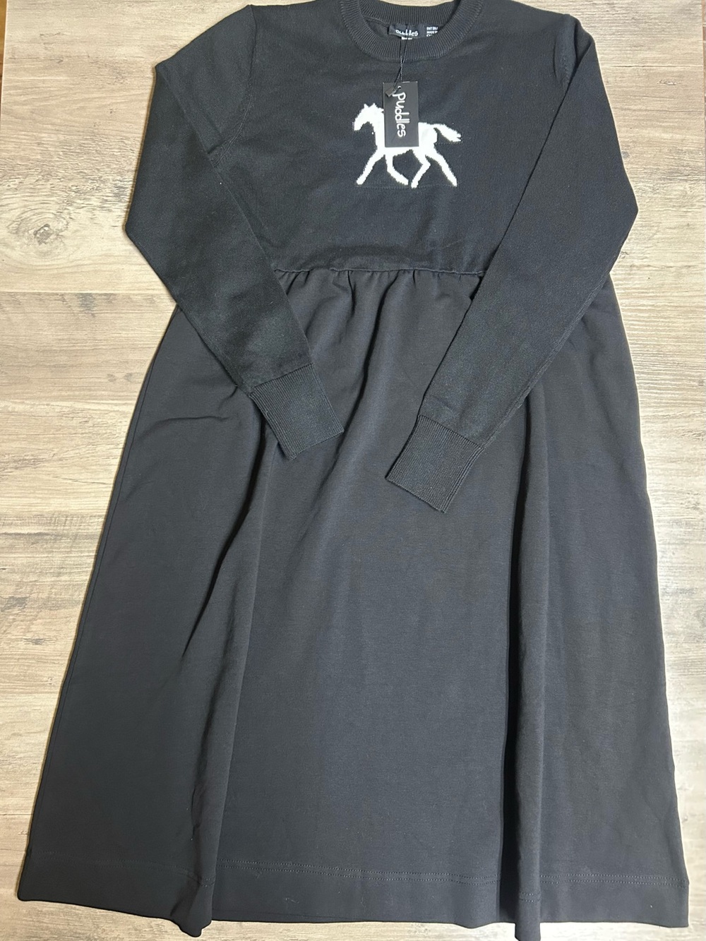 Puddles Black Kids' Dress with White Horse Motif - Casual Knit Bodice